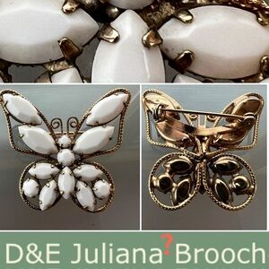 🦋D&E Juliana ? Milk Glass Butterfly Brooch Pin Gold Tone Filigree MCM Opaque vtg